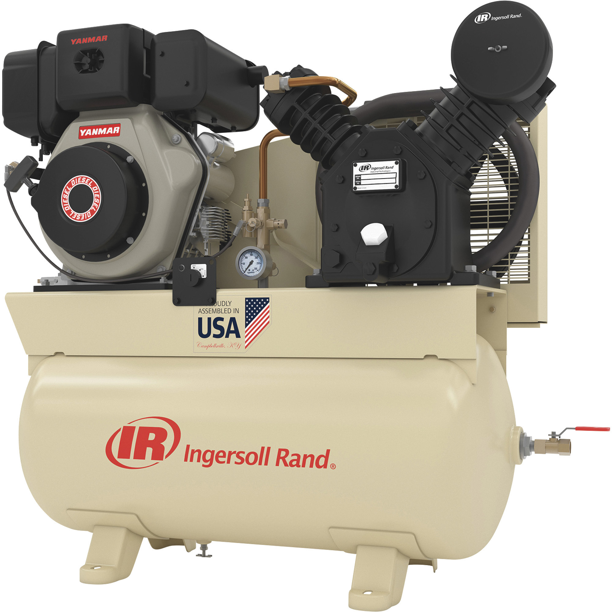 Ingersoll Rand Diesel-Powered Air Compressor, 10 HP Yanmar Diesel Engine, 30 Gallon Horizontal Tank, 24.3 CFM, Model# 2475F10DY